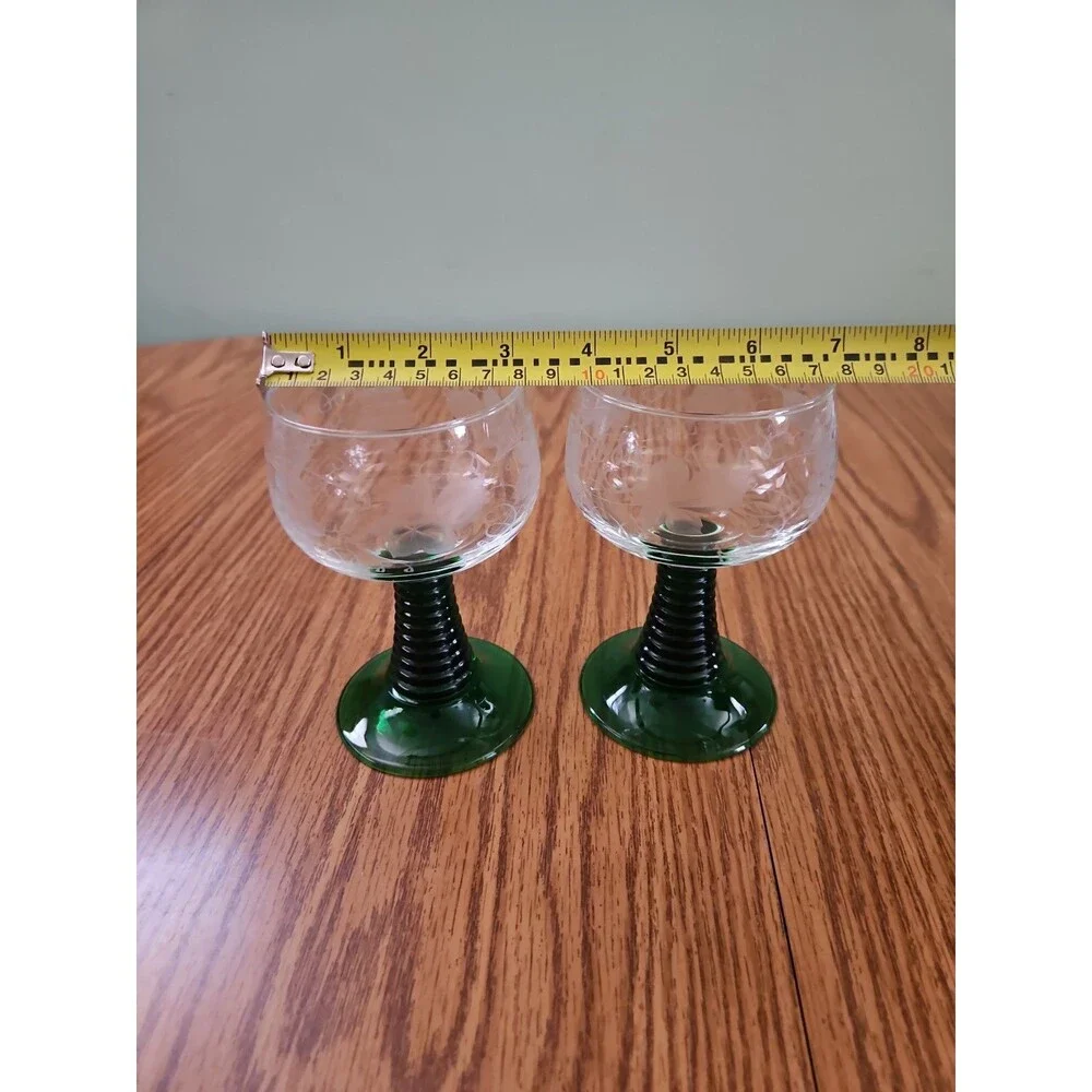 Vintage German Roemer Wine Glasses Set of 2 Green Grapevine Stem Etched Grapes